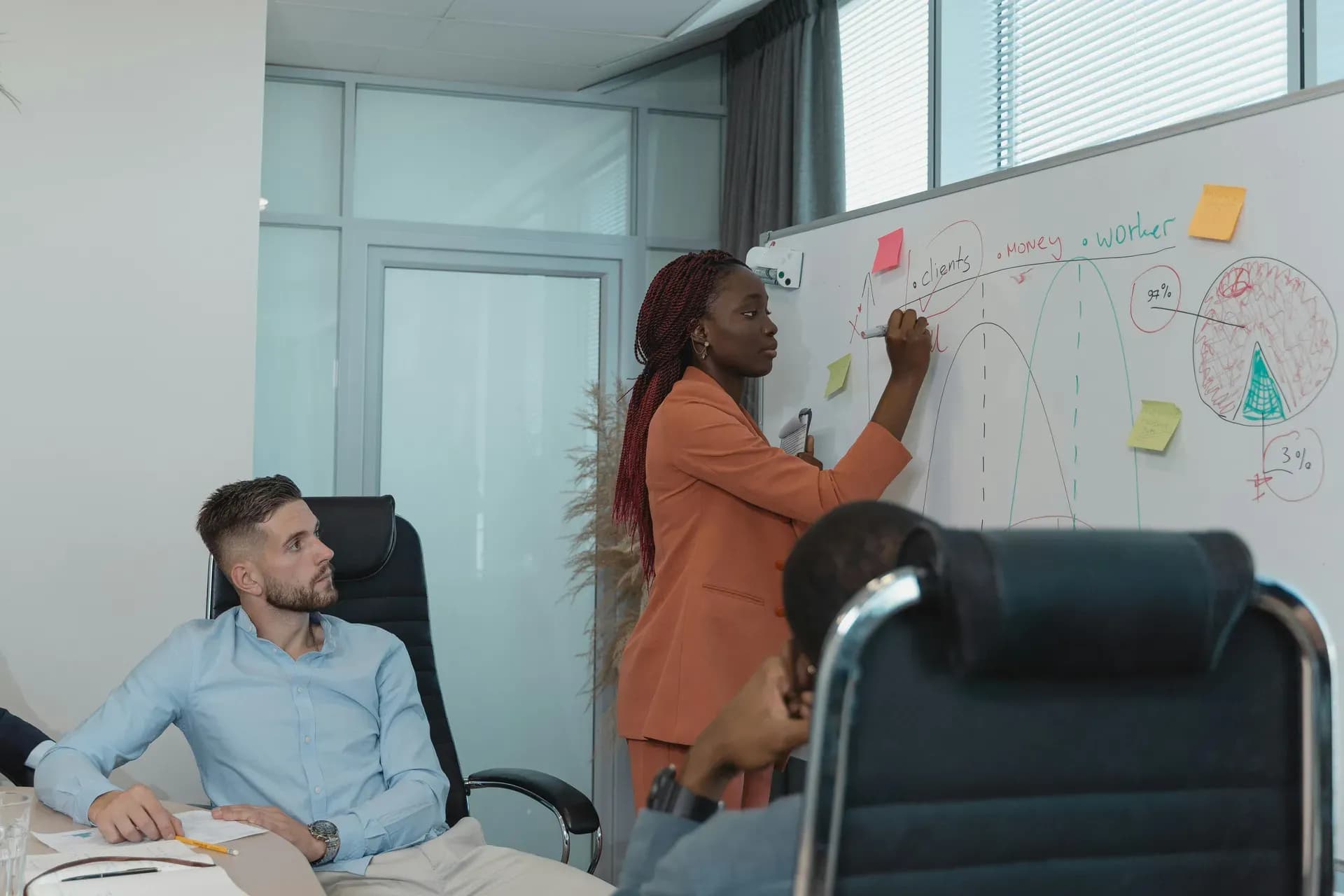 Professional confidently presenting and defending their work in a meeting