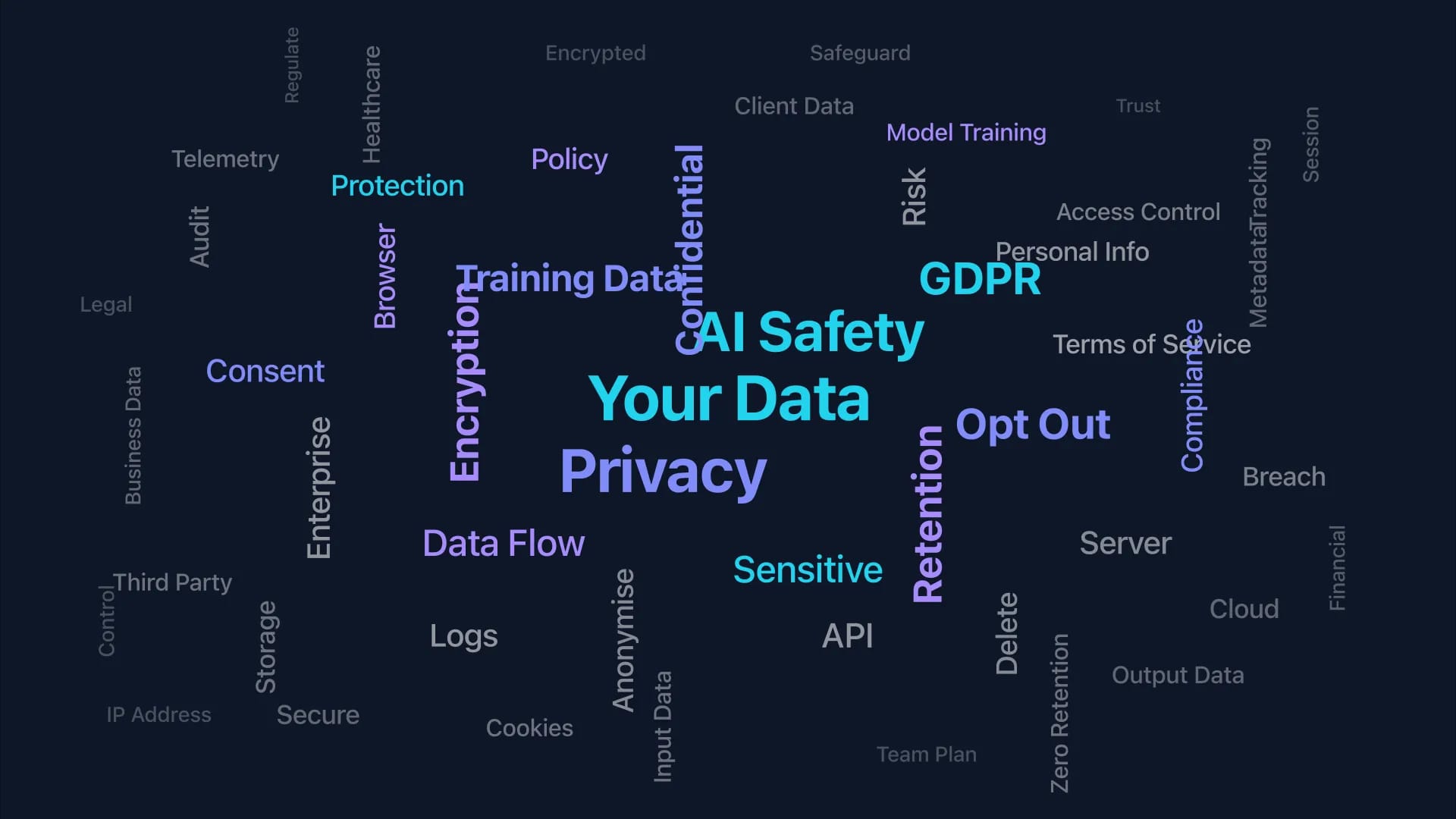Word cloud of AI data privacy concepts centred around Your Data, Privacy, and Encryption