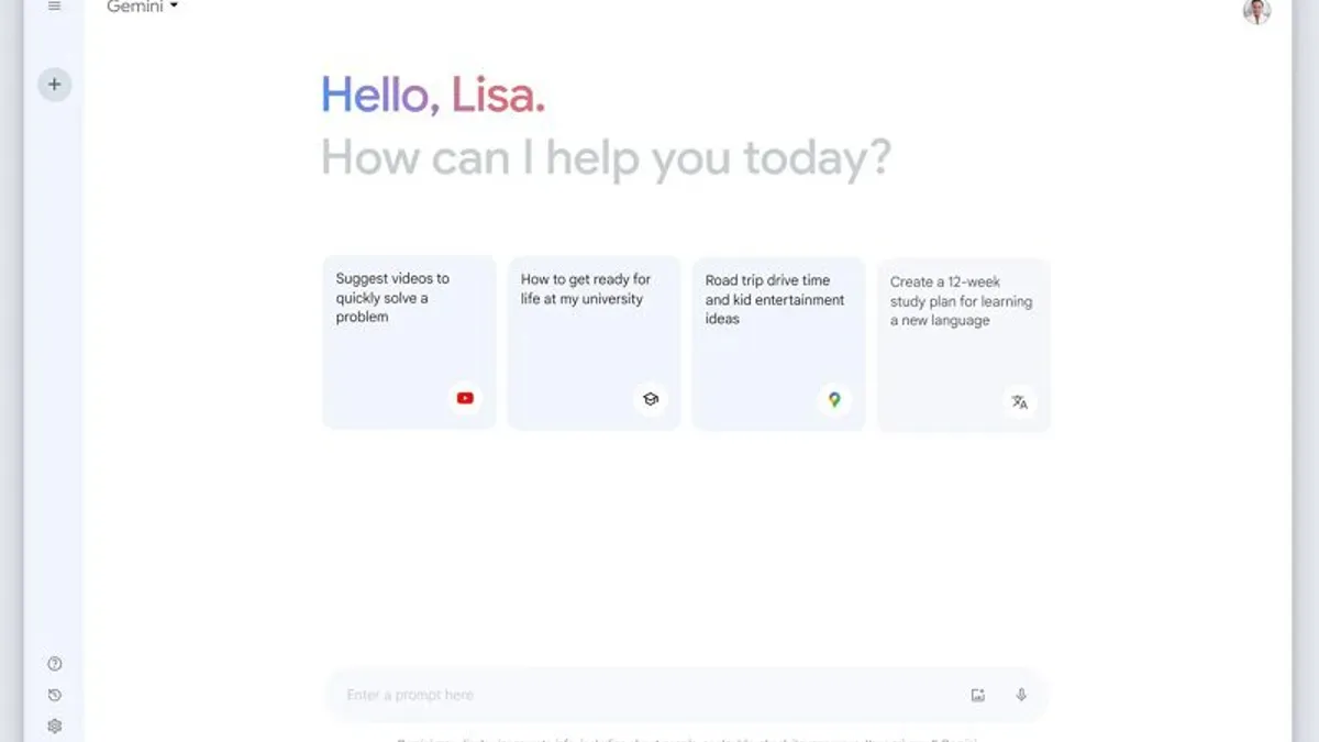Google Gemini interface with suggested prompts and conversation input