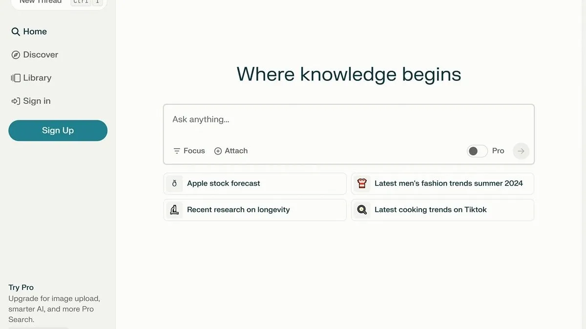 Perplexity AI search interface with Focus and Pro Search options